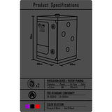 Teknisk ritning av Secret Dome Scandale BDSM-kabin i perspektivvy med markerade mått 150x100x100 cm, flera runda öppningar på sidorna, logotyp på dörrpanelen, samt specifikationer för två ventilationsfläktar på 5W och 12,5 cm diameter, brandklassad konstruktion och färgalternativ i lila/svart eller röd/svart.